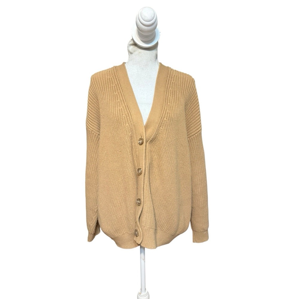 Quince Women 100% Organic Cotton Oversized Boyfriend Cardigan Camel L